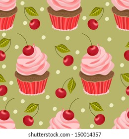 Seamless ornament with cherry cupcakes
