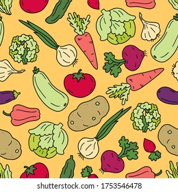 Seamless ornament with colored vegetables, black contour, on a yellow background