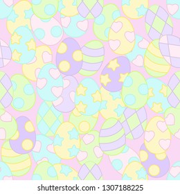 Seamless ornament of colorful Easter eggs in cartoon style Kawai, in children's colors, great for background, backdrop, a pattern for napkins, tablecloths, wallpaper, postcard, invitation, kid's party