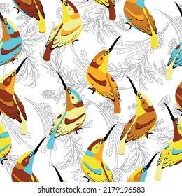 Seamless ornament with colorful tropical leaves and toucan birds on a white background in vector. Print jungle seamless vector pattern