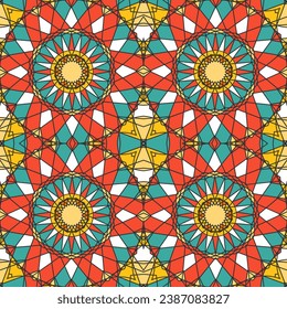 Décor harmonieux avec des objets complexes à motifs ronds. La palette de couleurs comprend le rouge, le bleu, le jaune et le blanc. Illustration vectorielle