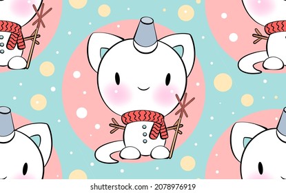 Seamless ornament with cute cat snowman in kawaii style. Vector pattern. Merry Christmas cats.