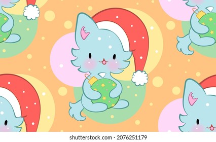 Seamless ornament with cute kittens in kawaii style. Vector pattern. Merry Christmas cats.