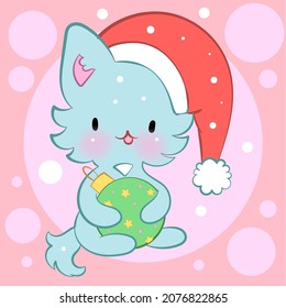 Seamless ornament with cute kittens in kawaii style. Vector pattern. Merry Christmas cats.