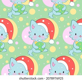 Seamless ornament with cute kittens in kawaii style. Vector pattern. Merry Christmas cats.