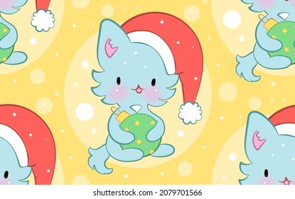Seamless ornament with cute kittens in kawaii style. Vector pattern. Merry Christmas cats.
