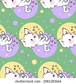 Seamless ornament with cute kittens in kawaii style. Vector pattern. Merry Christmas cats.