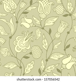 Seamless ornament with decorative elements and flowers. Lace