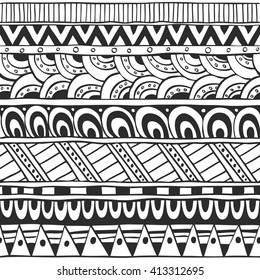 Seamless ornament from doodles and geometric elements in ethnic style black and white