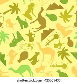 Seamless ornament Egypt-vector illustration.  pyramid hookah Arab palm tree vase pitcher.  cat camel Eye of Horus.