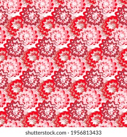 Seamless ornament with flowers of abstract red shades on a white background. Bright vector illustration for fabric, packaging, wallpaper.