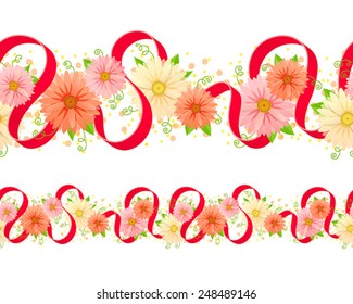 Seamless ornament with flowers and red ribbon on white background