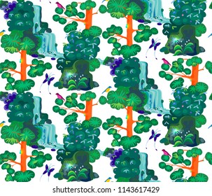 seamless ornament in the form of an emerald forest with pine trees, bushes, boulders, waterfall, birds and a butterfly on a dark background. fabulous, mystical flat style on a white background.