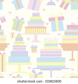 Seamless ornament in gentle, vanilla tones composed of multi-tiered cake and hearts
