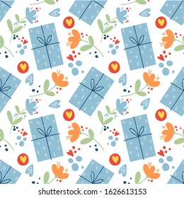 seamless ornament, gift boxes, flowers, hearts, gift packaging