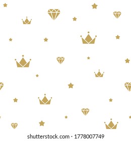 Seamless ornament with golden crowns and diamonds  on white background. Fantasy, magic, fairytale backdrop. Monarchy, authority, power wallpaper.  Vector simple pattern. 