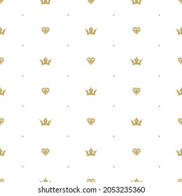 Seamless ornament with golden crowns and diamonds  on white background. Fantasy, magic, fairytale backdrop. Monarchy, authority, power wallpaper.  Vector simple pattern. 