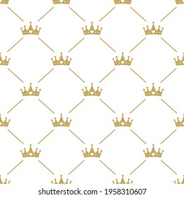 Seamless ornament with golden crowns on white background. Royal, luxury, vip, first class. Monarchy, authority, power wallpaper.  Vector simple pattern. 