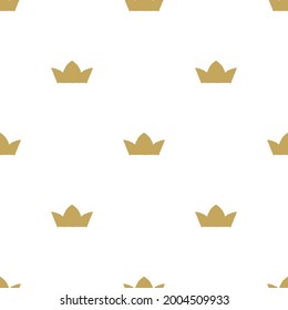 Seamless ornament with golden crowns on white background. Fantasy, magic, fairytale backdrop. Monarchy, authority, power wallpaper.  Vector simple pattern. 