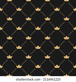 Seamless ornament with golden crowns on black background. Royal, luxury, vip, first class. Monarchy, authority, power wallpaper.  Vector simple pattern. 