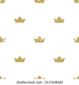 Seamless ornament with golden crowns on white background. Fantasy, magic, fairytale backdrop. Monarchy, authority, power wallpaper.  Vector simple pattern. 