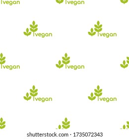 Seamless ornament with green vegan, veggie product label on white background. eco, agriculture, nature, ecology, healthy, organic pattern. Vector Illustration. Healthy, vegetal, raw food wallpaper