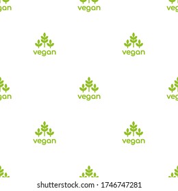Seamless ornament with green vegan, veggie product label on white background. eco, agriculture, nature, ecology, healthy, organic pattern. Vector Illustration. Healthy, vegetal, raw food wallpaper