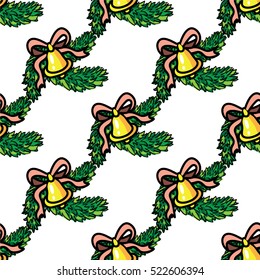 seamless ornament with hand drawn handballs and pine branches