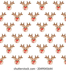 Seamless ornament from the head of a cartoon New Year's deer with a red nose on a white background