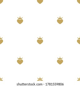 Seamless ornament hearts with golden royal crowns isolated on white background. Love, romantic wallpaper. St. valentine backdrop. Vector cartoon illustration. 