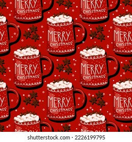 Seamless ornament in hygge style. CAPPUCCINO in a cute cup. Coffee latte with cream and marshmallows. RED CHRISTMAS mugs.