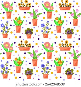 Seamless ornament of indoor plants in pots isolated on a white background in a flat style