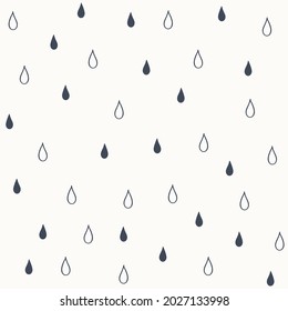 Seamless ornament with ink blue line water drops on white background. Nature, liquid, rain pattern. Vector illustration. Cartoon rain weather wallpaper. Rainy day.