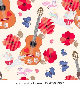 Seamless ornament for kids. Unicorns, little foxes, blue butterflies, wooden guitars, hearts and red poppy flowers on beige background.