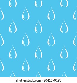 Seamless ornament with line water drops on blue background. Nature, liquid, rain pattern. Vector illustration. Cartoon rain weather wallpaper. Rainy day