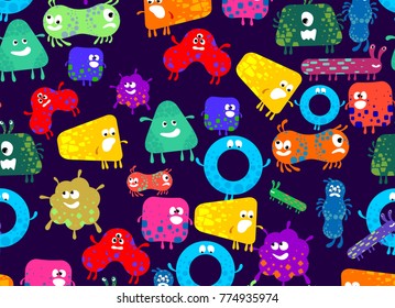 Seamless ornament little monsters. Funny cartoon character. Vector illustration. Isolated on dark purple background