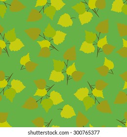Seamless ornament made from twigs with leaves of birch, on a green background.