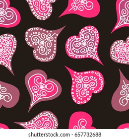 Seamless ornament on black background hearts, Valentines. For festive decoration paper, sweets, textile compositions