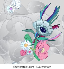 Seamless ornament on a gray background, stylized flowers, summer flowering