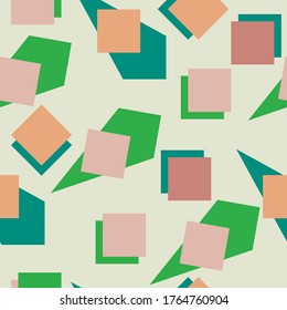Seamless ornament from pairs of geometric shapes for textiles, shades of burgundy, orange and green on a light olive background