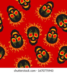 Seamless ornament, pattern, background and template. A terrible grinning human skull burning in a bright burning fire. Tongues of flame from the orbits and nasal cavities. Vector square orientation.