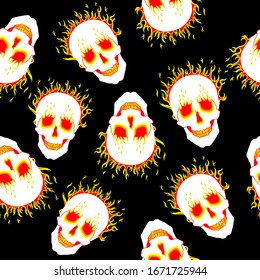 Seamless ornament, pattern, background and template. A terrible grinning human skull burning in a bright burning fire. Tongues of flame from the orbits and nasal cavities. Vector square orientation.