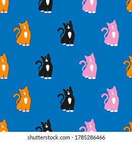 Seamless ornament, pattern, background and template. Three cute cartoon red, black and pink cats sit with closed eyes and happy faces, muzzles. For animal store, pets shop. Vector square orientation.