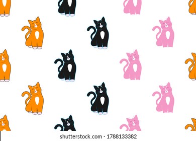 Seamless ornament, pattern, background and template. Three cute cartoon red, black and pink cats sit with closed eyes and happy faces, muzzles. For animal store, pets shop. Vector isolated