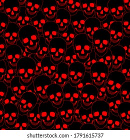 Seamless ornament, pattern, background, texture and template. Multiple, cluster, many human smiling, grinning skulls. Vector High Quality Ai, EPS, JPEG. For print, decor and design. Black and red