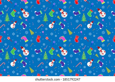 Seamless ornament, pattern, background, texture and template. Festive different Christmas socks and sweets, candies and lollipops, trees, snowmens and snowflakes, multicolored New Year decorations