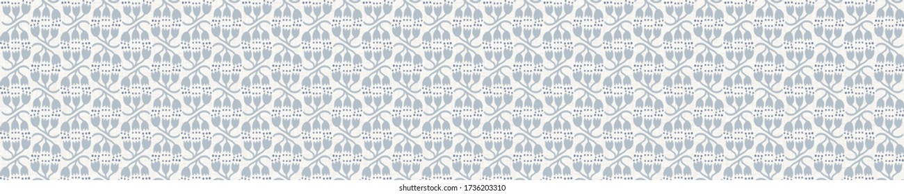 Seamless ornament pattern in french blue linen shabby chic style. Hand drawn floral damask texture. Old white blue background. Farmhouse style wallpaper home decor swatch. Flower motif all over print