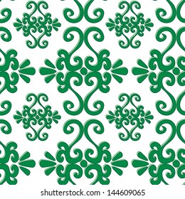 Seamless ornament pattern with green swirl elements on white