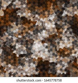 Nahtlose Ornament-Muster mit Halftonhex-Zellen im linearen Stil. Sechseckendliche Textur, die für den Geschäfts- oder Textildruck bestimmt ist. Abstrakte Armee und Jagdmasken-Ornament-Hintergrund