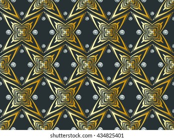 Seamless ornament, pattern with precious stones. Ethnic. Handmade, painted background. Islam, Arabic, Indian. Abstract, endless , decorative elements for design